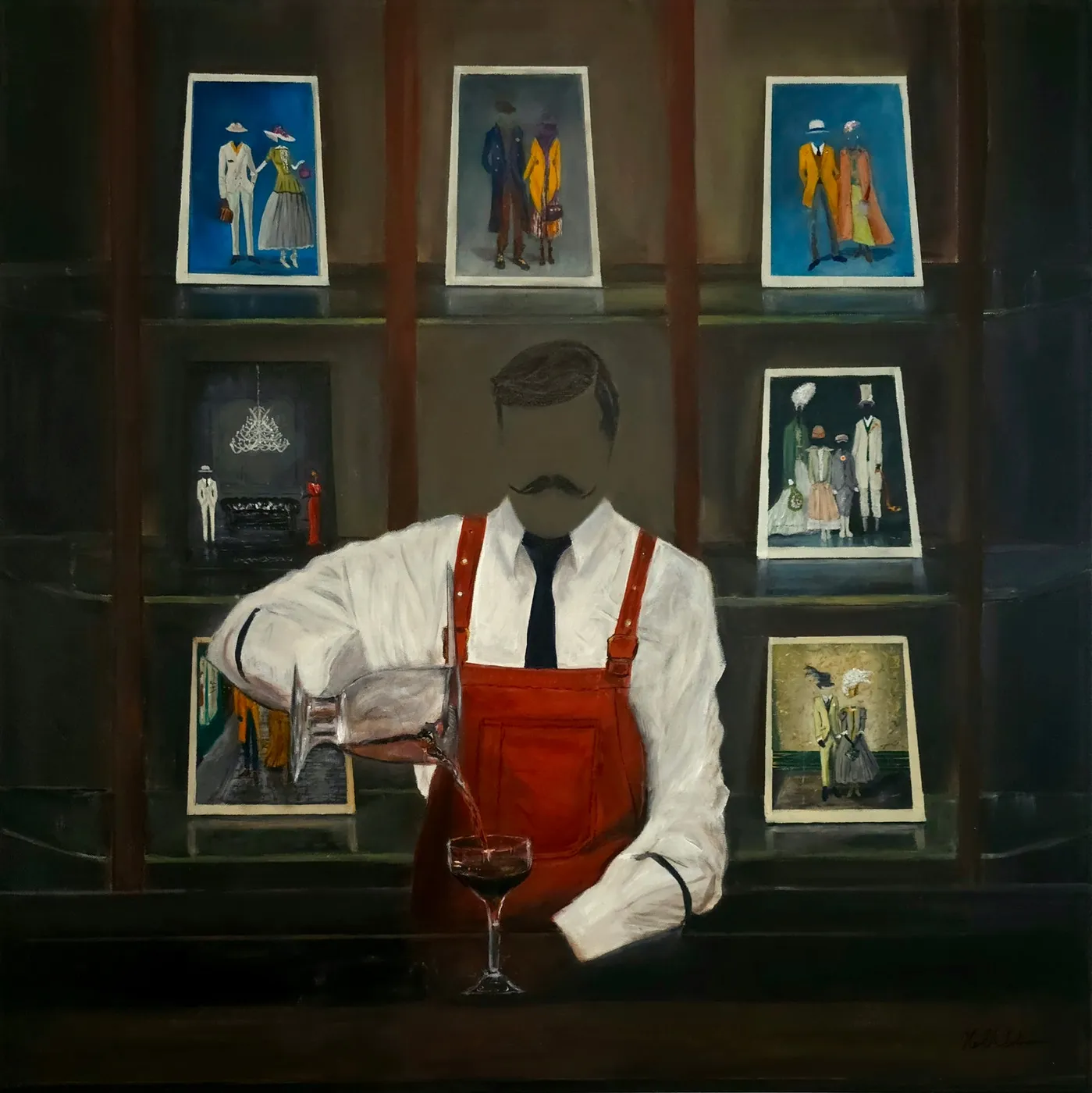 The Art Tender: a faceless bartender in a red apron pours wine before a wall of framed fashion paintings.