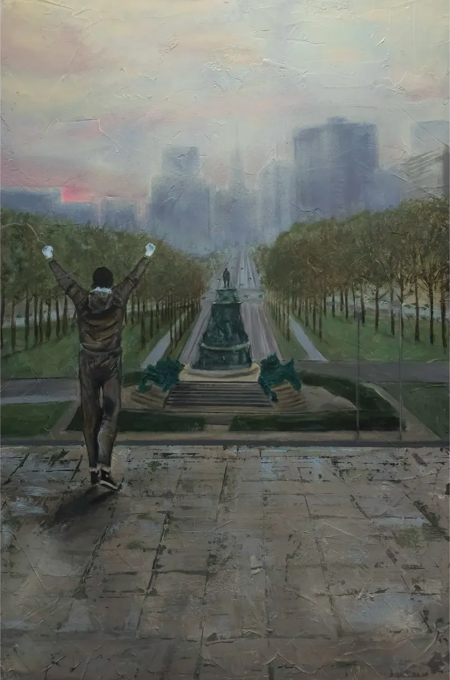 Eye of the Tiger, oil on canvas by Neil Anthony Edwards: a lone figure with arms raised, looking out over a city parkway in haze.