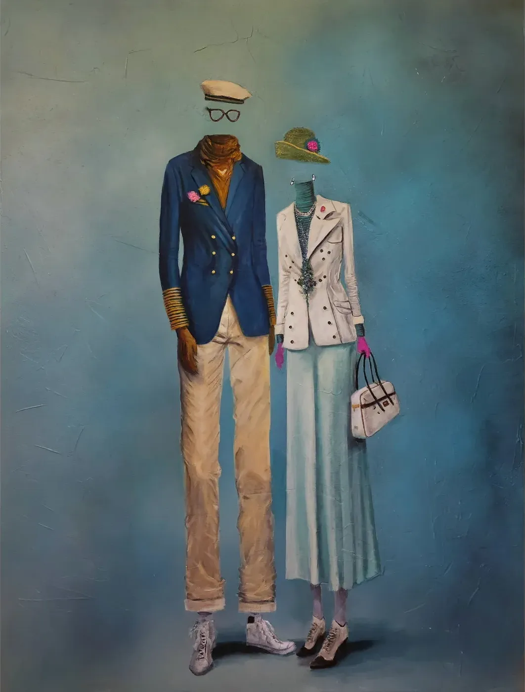 Influencers: a navy double-breasted blazer beside a pale suit with a pink handbag.