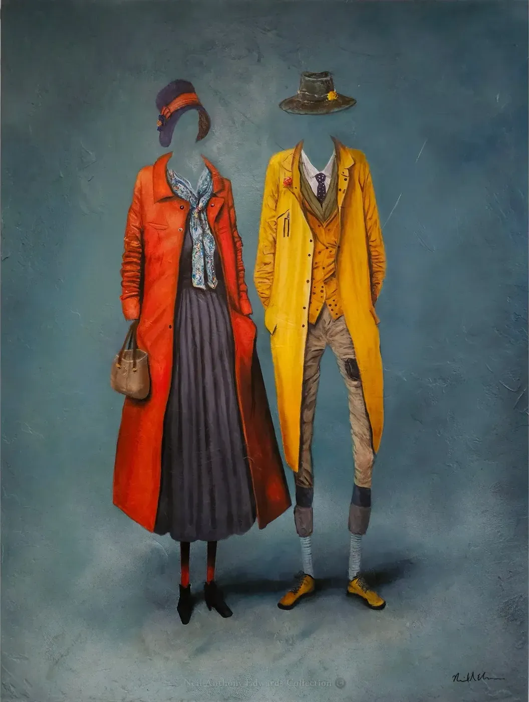 Opulence: a red-orange coat and a mustard suit on a blue-grey ground.