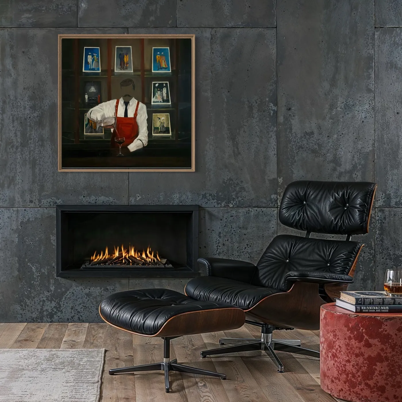 The Art Tender above a fireplace beside a leather lounge chair.