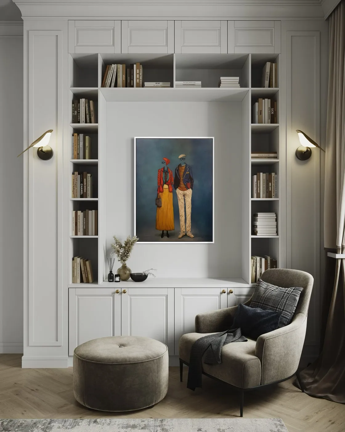 Fashionably Late framed in a library nook.