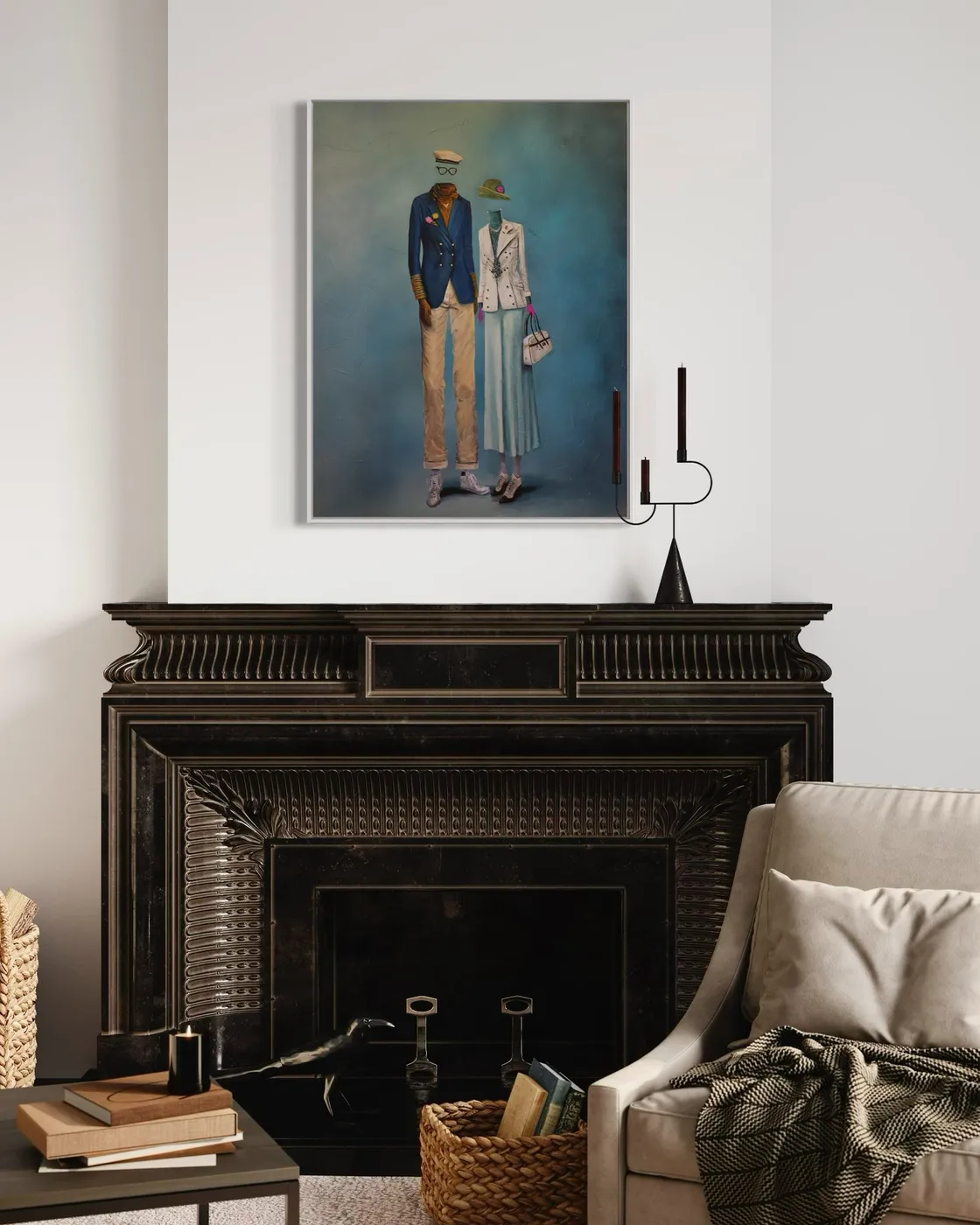 Influencers hanging above a black fireplace in a cream living room.
