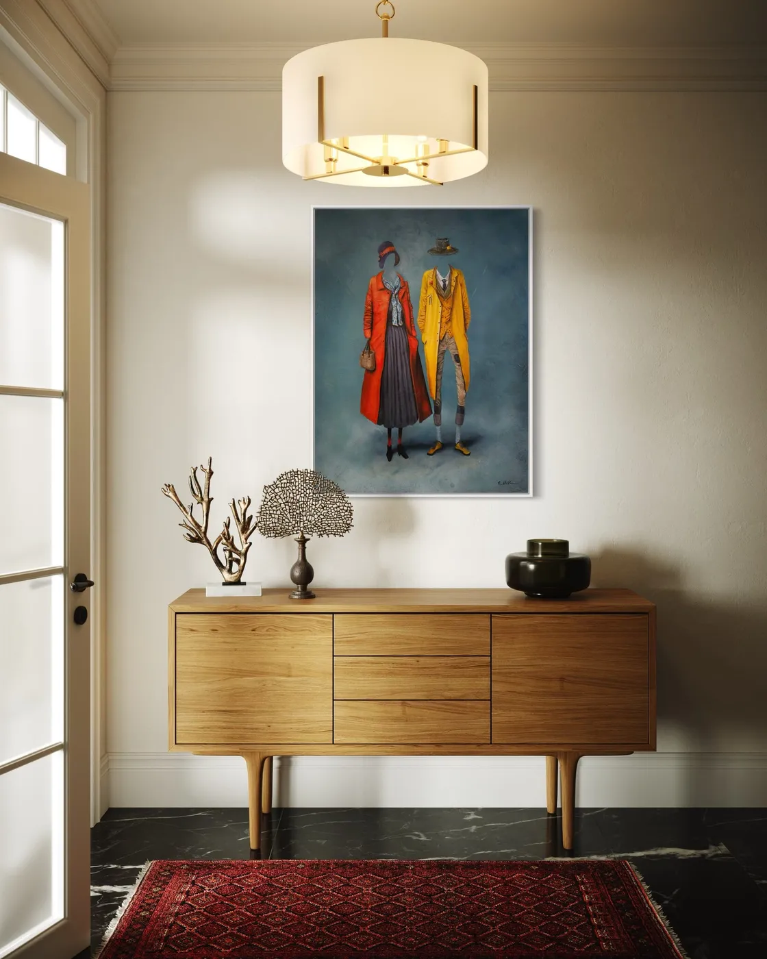Opulence in an entry hall above a walnut credenza.