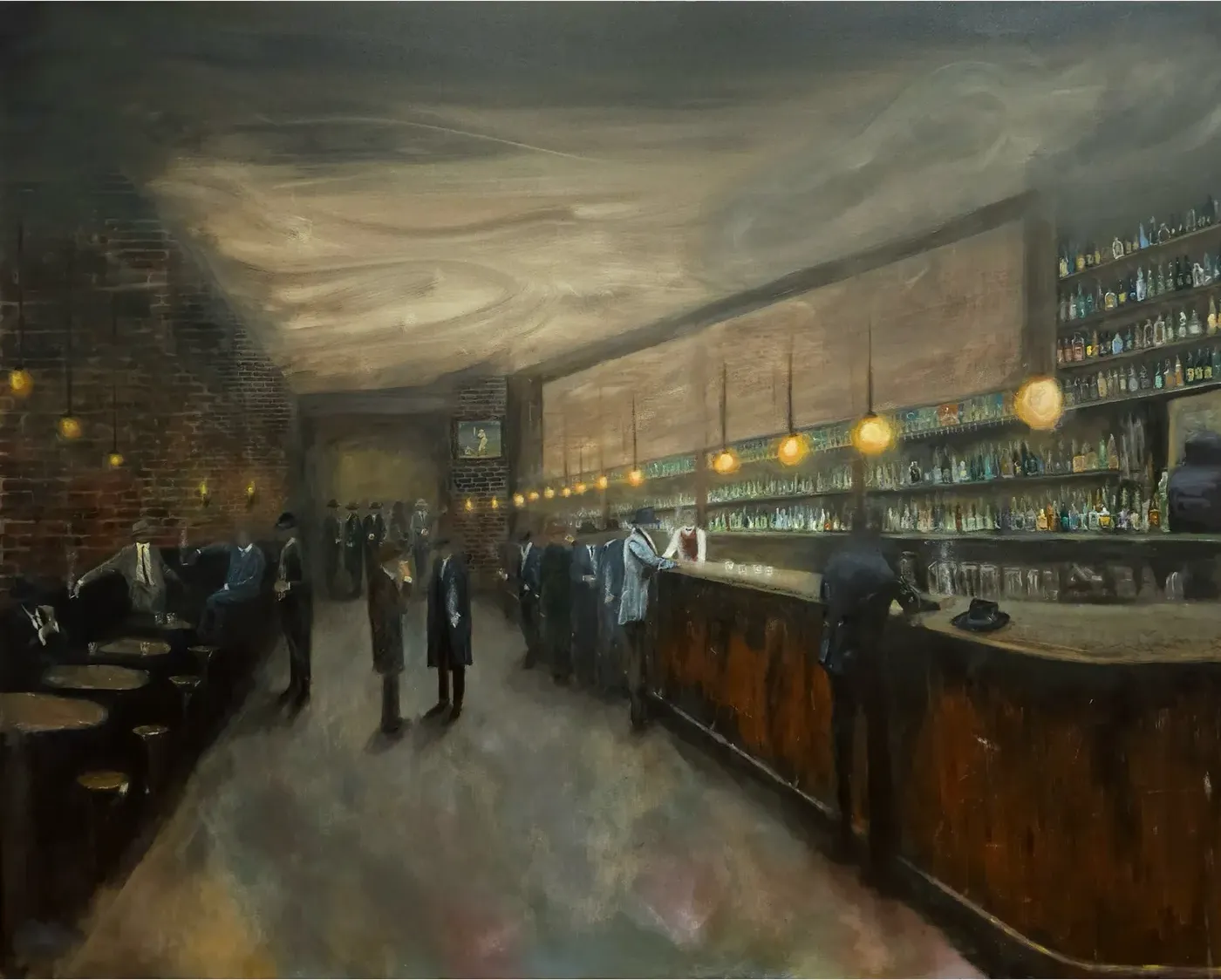 Smokey Night: a long, crowded bar glowing under a hazy ceiling.
