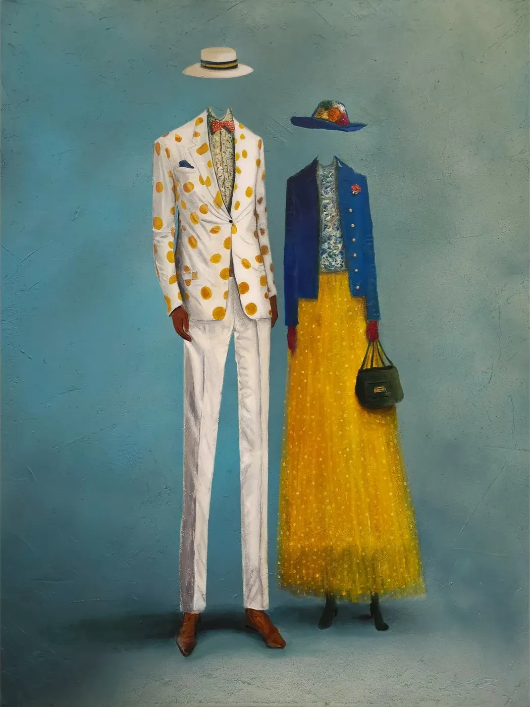 Socialites: a white suit with gold dots beside a blue jacket and a yellow feathered skirt.