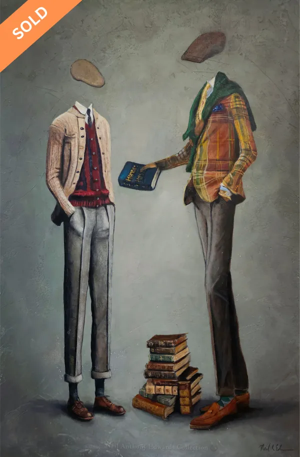 Father to Son: one figure hands a book to another beside a stack of old books.