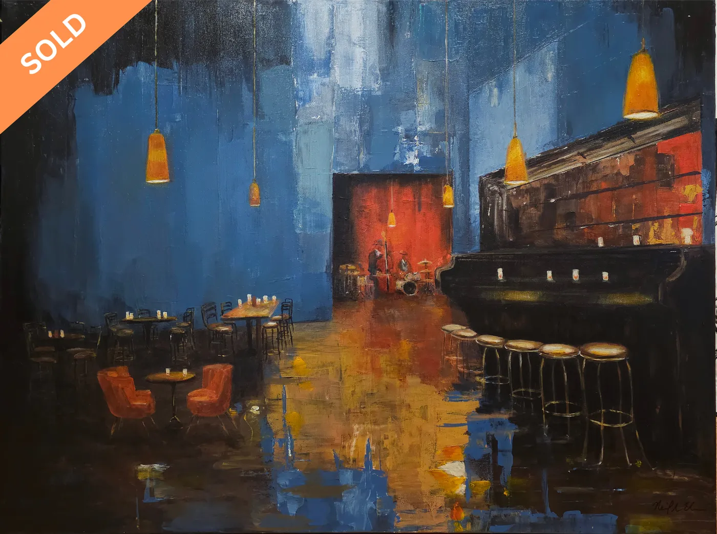 The Piano Man, Act 2: an empty blue lounge with amber pendant lights and a bar.