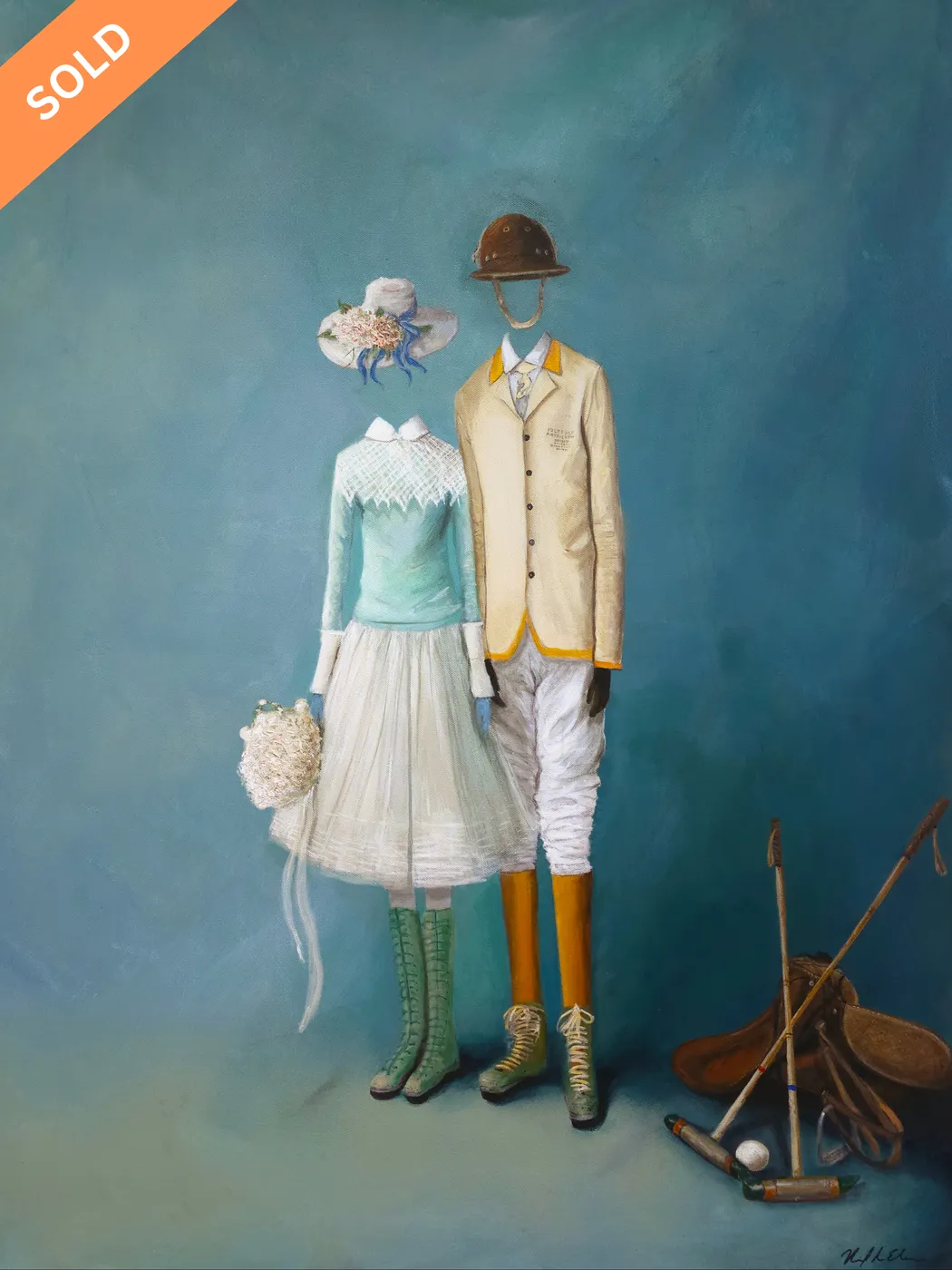 Polo: a lady in pale mint lace and a gentleman in riding boots with polo mallets.