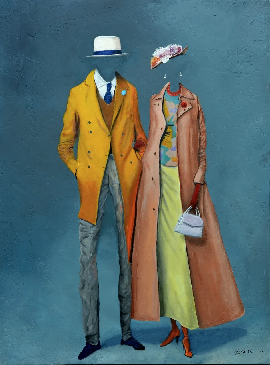 We Are All Fading: two faceless figures in long yellow and coral coats.